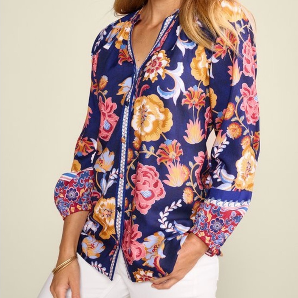 Soft Surroundings Dark Floral Ohana Blouse Large Boho Button Up Sold Out Coastal